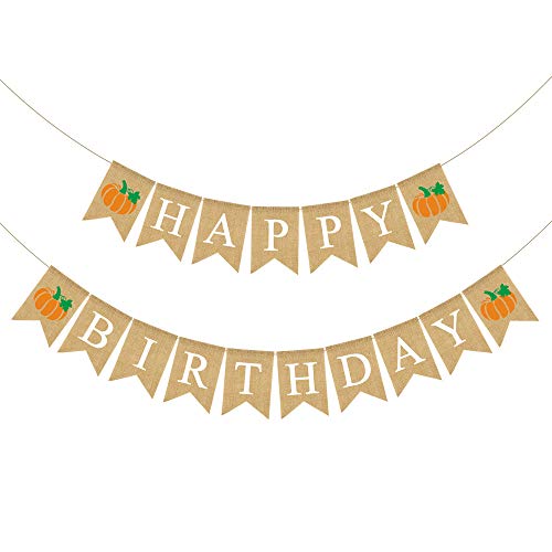 Rainlemon Jute Burlap Happy Birthday Banner with Pumpkin Rustic Fall Autumn Birthday Party Garland Decoration