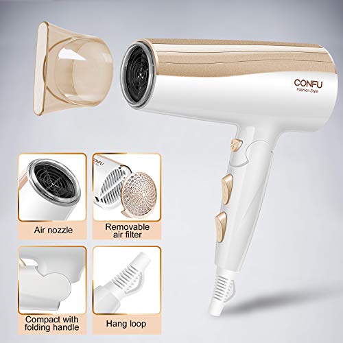 Professional Negative Ionic Hair Dryer, CONFU 1875W Folding Ceramic Tourmaline Low Noise Lightweight Blow Dryer for Pregnancy Kids, Quiet Fast Drying Hairdryer with Concentrator for Home - Thumbnail 4