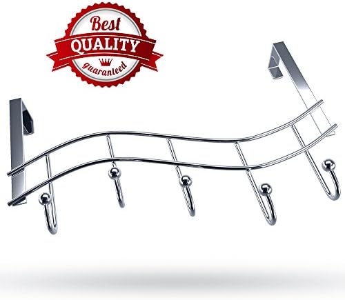 Over the Door Rack with Hooks | 5 Hangers for Towels Coats Clothes Robes Ties Hats | Bathroom Closet Extra Long Heavy Duty Chrome Space Saver Mudroom Organizer by Kyle Matthews Designs