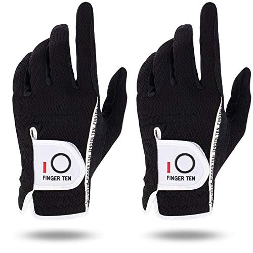 FINGER TEN Golf Gloves Men Left Hand Right Rain Grip Weathersof Value 2 Pack, Mens Golf Glove Wear Resistant Non Slip Flexible Durable (Black, 3XL, Left)