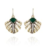 Lares Domi Vintage Gold-tone Crystal Incrusted Simulated Emerald Retro Palm Leaves Elegant Drop Earrings