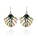 Lares Domi Vintage Gold-tone Crystal Incrusted Simulated Emerald Retro Palm Leaves Elegant Drop Earrings