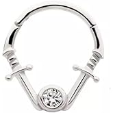 Pierced Owl 16GA 316L Stainless Steel Double Dagger with CZ Crystal Center Hinged Segment Clicker Ring