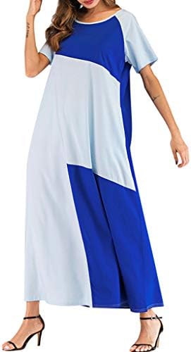Fashion Short Sleeve Maxi Dress, Muslim Women O-Neck Color Block with Two Pockets, MITIY