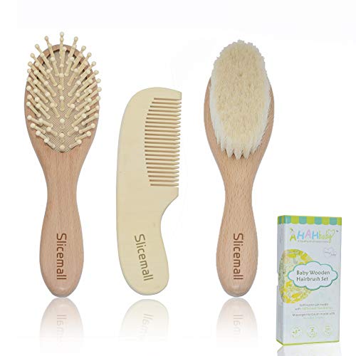 Baby Hair Brush and Comb Set Toddler Cradle Cap Soft Goat Brush Wooden Comb Grooming Kit for Baby Boy Girl Gifts by Slicemall, 3 Pieces