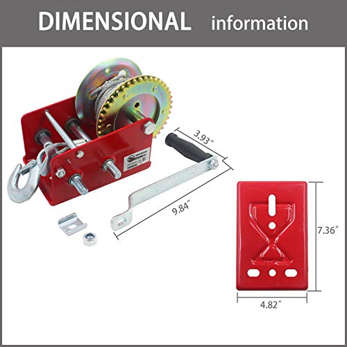 OPENROAD 2500lbs Hand Winch,Red Boat Trailer Winch with Hook,10M Steel Cable with Crank Handle 2 Gear Winch,Pulling Winch for Boat… - Image 5