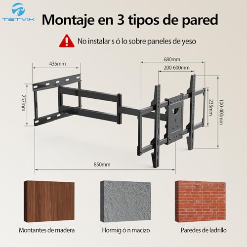 TETVIK Soporte de TV Movible para Pantallas De 32″ a 80 ″, Soporte de Pared para Monitores LCD, LED y OLED, Articulado Inclinable y Giratorio con 3 Brazos, Soporta hasta 40 Kg, VESA Máx 600x400mm.