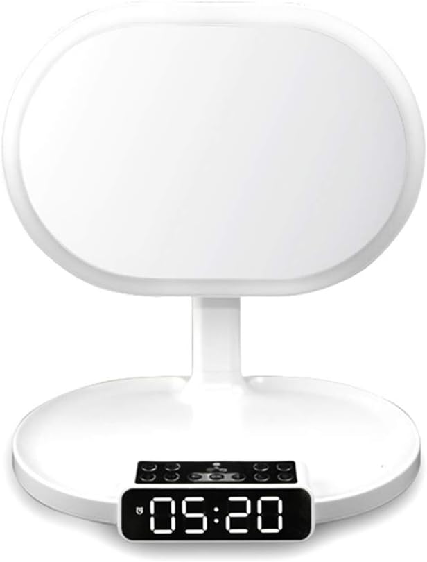 DKJSF Bluetooth Make-Up Mirror with Wireless Music Streaming and Clock Light Del Brightness of Colours Adjustable for Cosmetic Makeup Counter Charging Port for Phone White