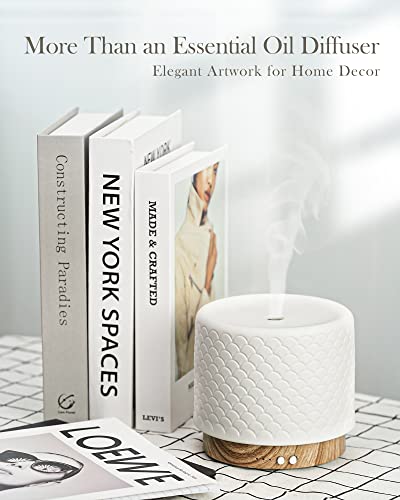 Difusor de Aceites Esenciales Cerámico 280ml para habitaciones grandes y comerciales. Humidificador ultrasónico 2.4MHz, luz decorativa, niebla pulsada/continua, temporizador y apagado automático.