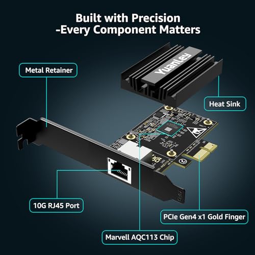 PCIe 10G Network Card, YuanLey 10G Base-T Ethernet Card with Marvell AQC113 Controller, PCIe to 10Gb RJ45 Ethernet NIC, Compatible with PCI Express X1, X4, X8, X16