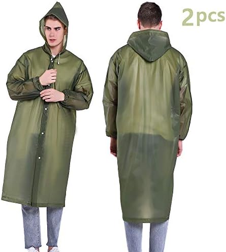 Reusable Rain Ponchos, EVA Waterproof Raincoat with Drawstring Hood and Long Sleeves; Emergency Poncho (145cm / 57inch) for Travel, Festivals, Theme Parks and Outdoors