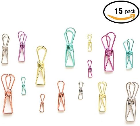 15 Pieces 3 Sizes Colorful Durable Stainless Steel Clothes Pins, Utility Clips Hooks for Home &amp; Office