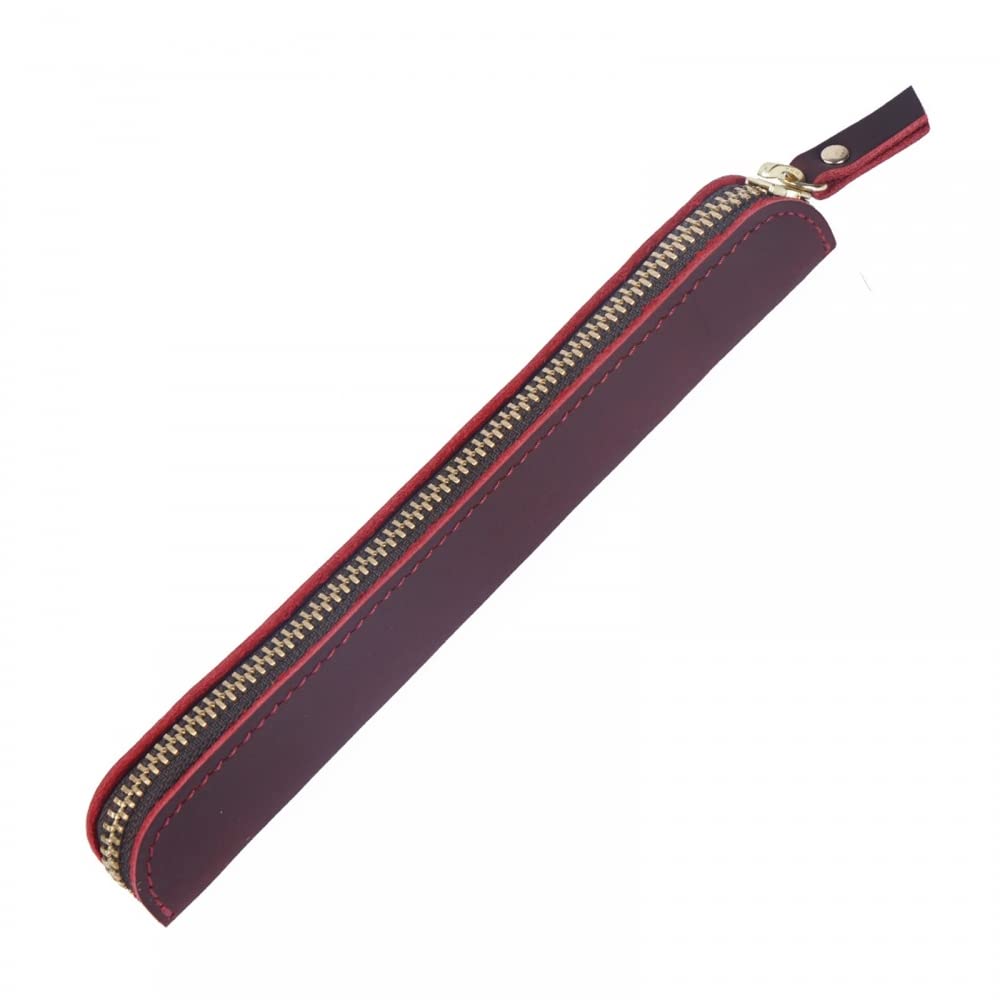MiOYOOW Leather Pen Case, Head Layer Cowhide Pencil Pouch Retro Slim Pen Holder with Retaining Strap for Office College Travel