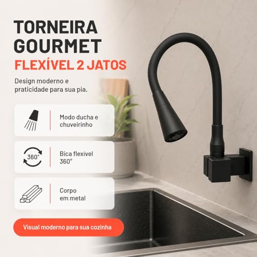 Torneira Gourmet de Parede Preta Fosca Flexível 1/4 Volta em Aço Inoxidável, Bica Móvel, Estilo Moderno para Cozinha, Alta Durabilidade e Acabamento Premium