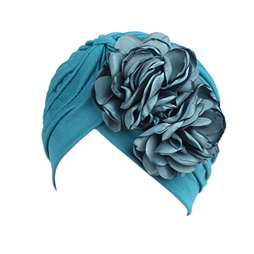 QingFan Women Muslim Solid Flowers Cancer Chemo Hat Turban Headbands Hair Loss Wrap Cap (Blue)