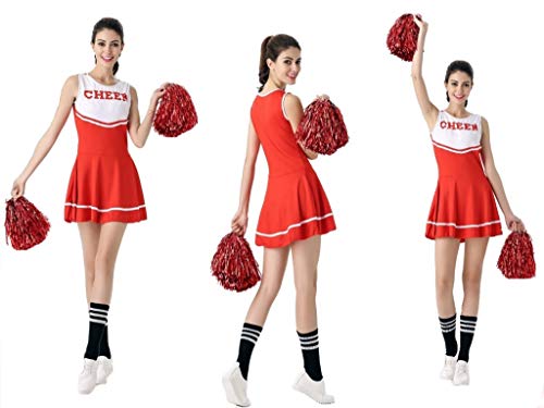 Cheerleading skirt cheer costume complete outfit with pompoms,red