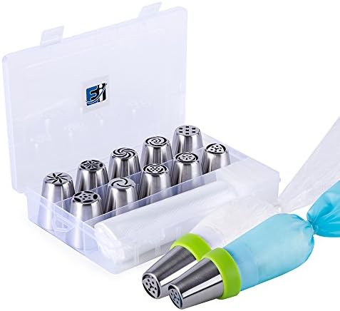 Russian Piping Tips Premium Complete 22 Piece Set | Includes 10 Decorating Tips, 1 Reusable Silicone Pastry Bag, 1 Tri-Color Coupler, and 10 Disposable Bags | For Cake and Cupcake Icing Decorating
