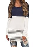 Women's Color Block Striped Lace Patchwork Long Sleeve Shirt Tunic Blouse Top