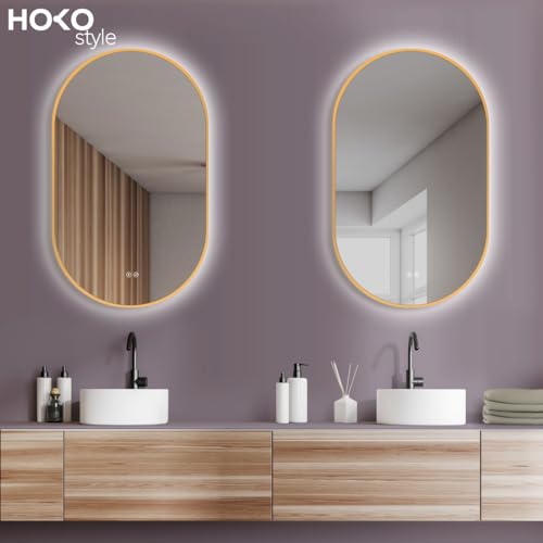 HOKO® Anti-fog LED Oval Mirror 50 x 90 / 90 x 50 cm with Gold Metal Frame. Vertical/Horizontal Mounting. Bathroom Mirror+Touch Switch+Hot/Cold/Neutral Light Change 2700-6500K