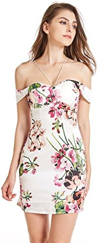 Ariestar Women's Off Shoulder Floral Party Casual Silk Dress (Built-In Bra)-M