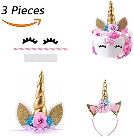 Unicorn Cake Topper with Eyelashes and Unicorn Headband Unicorn Party Supplies for baby shower, Birthday and Wedding Party(Gold)
