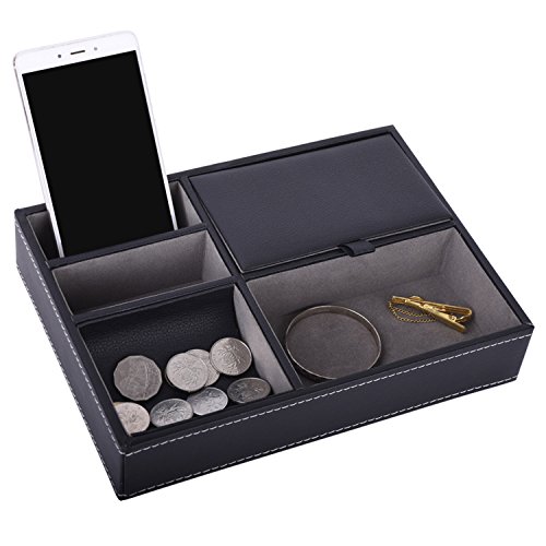 AUTOARK Leather 5 Compartments Valet Tray - Desktop Organizer for Keys,Coins,Wallet,Smartphone,Watches,Sunglasses and Accessories,Black,AW-028