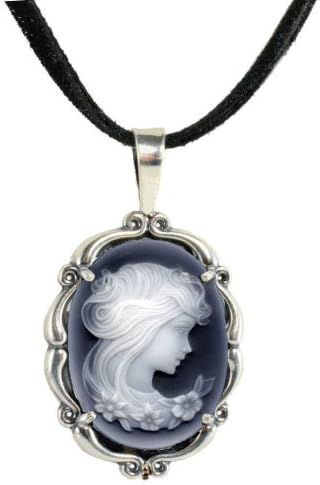 Sterling Silver Vintage Style Large Agate Cameo Pendant with Suede Cord