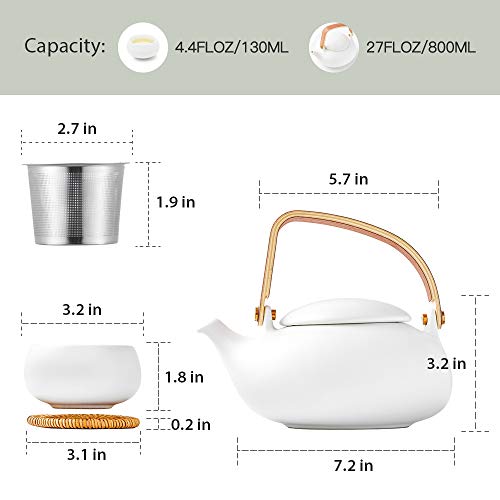 ZENS Japanische Teekanne mit Siebeinsatz, Modern 800ml Matte Weià Teeservice Keramik mit 4 Tassen und Rattan Untersetzer, Hanfseilgriff Teeservice für Losen Tee Stepper, Geschenk für Teeliebhaber – Bild 5