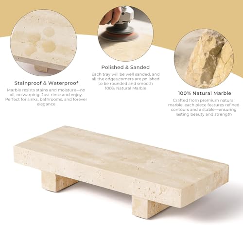 WORHE Travertine Soap Tray for Bathroom Countertop 8.6" x 3.5" Waterproof Stone Soap Dish Holder, Marble Pedestal Stand for Sink, Vanity, Counter Luxury Decorative Tray Farmhouse Decor Beige-H087