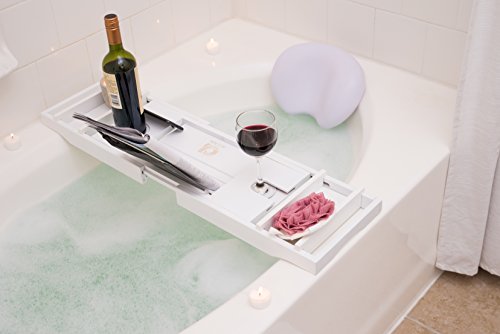 Adorn Home Essentials ADORN Bamboo Bathtub Caddy Bath Tub Tray | Waterproof/Washable Bath Pillow with Suction Cup | White | Expands up to 43"
