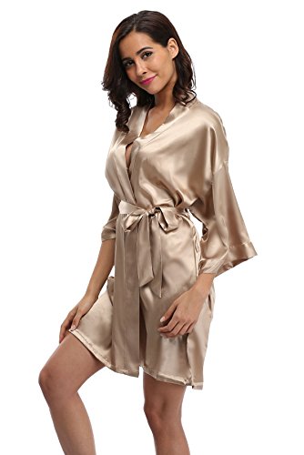 Women's Satin Rhinestone Short Wedding Kimono Robe for Bridesmaid, Champagne XS