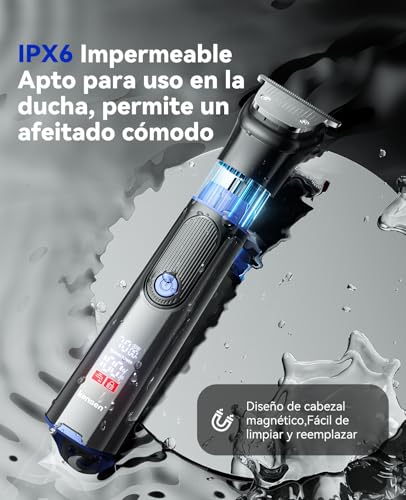 kensen Afeitadora Corporal Masculina 6 en 1, 2 Velocidades Depiladora Corporal Hombre, IPX6 Impermeable Recortadora con Cabezal Magnético para Cuerpo, Barba, Nariz y Genitales, 120 mins Uso
