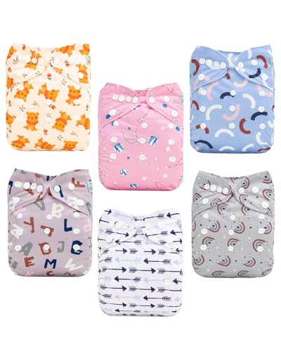 ALVABABY Baby Cloth Diapers 6 Pack with 12 Inserts Cloth Diaper Covers Adjustable Washable Reusable for Baby Girls and Boys 6DM123A