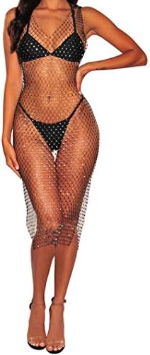 Flyrose Women Sexy See Through Mesh Beach Bikni Swimsuit Sleeveless Cover up Rhinestone Midi Dress