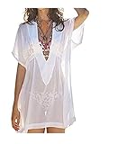 Women's Sexy Translucent Deep V Neck Swimsuit Cover Up/Beachwear Dress,White