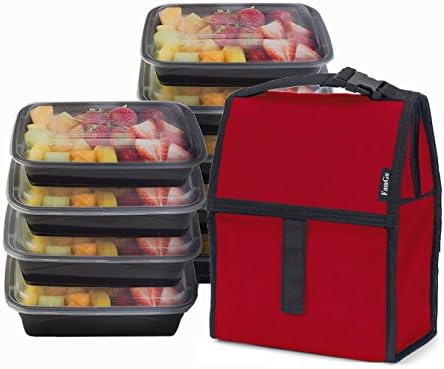 FamGo LunchBox Insulated Cooler Kit-Complete MealPrep Kit: RedCooler W/ Zipper &amp; Velcro Closure, Foldable with 10 Reusable Bento Lunch and Food Storage Container with Airtight Lid, BPA Free,12 oz