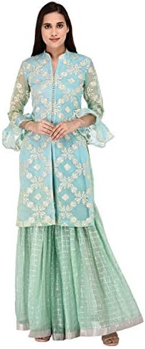 Miracolos Floral Gota Embroidered Kurta in Organza and Cotton Georgette Sharara Pants