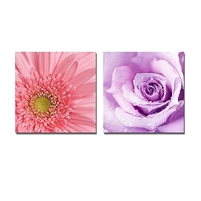 Canvas Prints Wall Art - Purple Wet Rose and Gerbera Flower | Modern Wall Decor/Home Decoration Stretched Gallery Canvas Wrap Giclee Print & Ready to Hang - 12"x12" x 2 Panels
