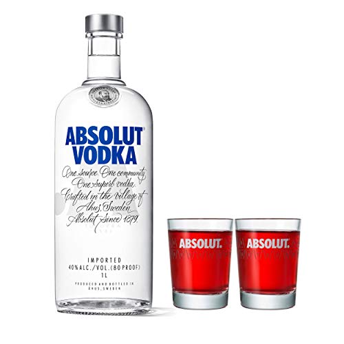 Absolut Vodka Original Set mit 2 Shot Gläsern, Premium Wodka, Schnaps, Spirituose, Alkohol, Flasche, 40%, 1 L