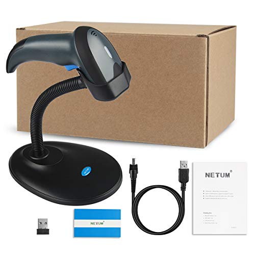 NETUM Barcode Scanner Wireless 2-in-1 (2.4Ghz Wireless+USB 2.0 Wired) Rechargeable Automatic 1D Barcode Reader USB Handheld Bar Code Scanner with Stand