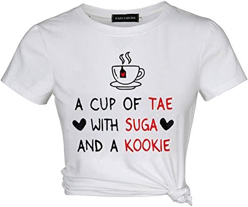 Queenromen Women's A Cup of Tae with Suga and A Kookie T-Shirts BTS Kpop Bangtan Boys Tee(XL White)
