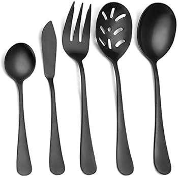 Matte Black Serving Set,SHARECOOK 5-Piece 18/0 Stainless Steel Large Hostess Set with Round Edge, Satin Finished, Dishwasher Safe -Spoons, Forks,Butter Knife& Slotted Spoon
