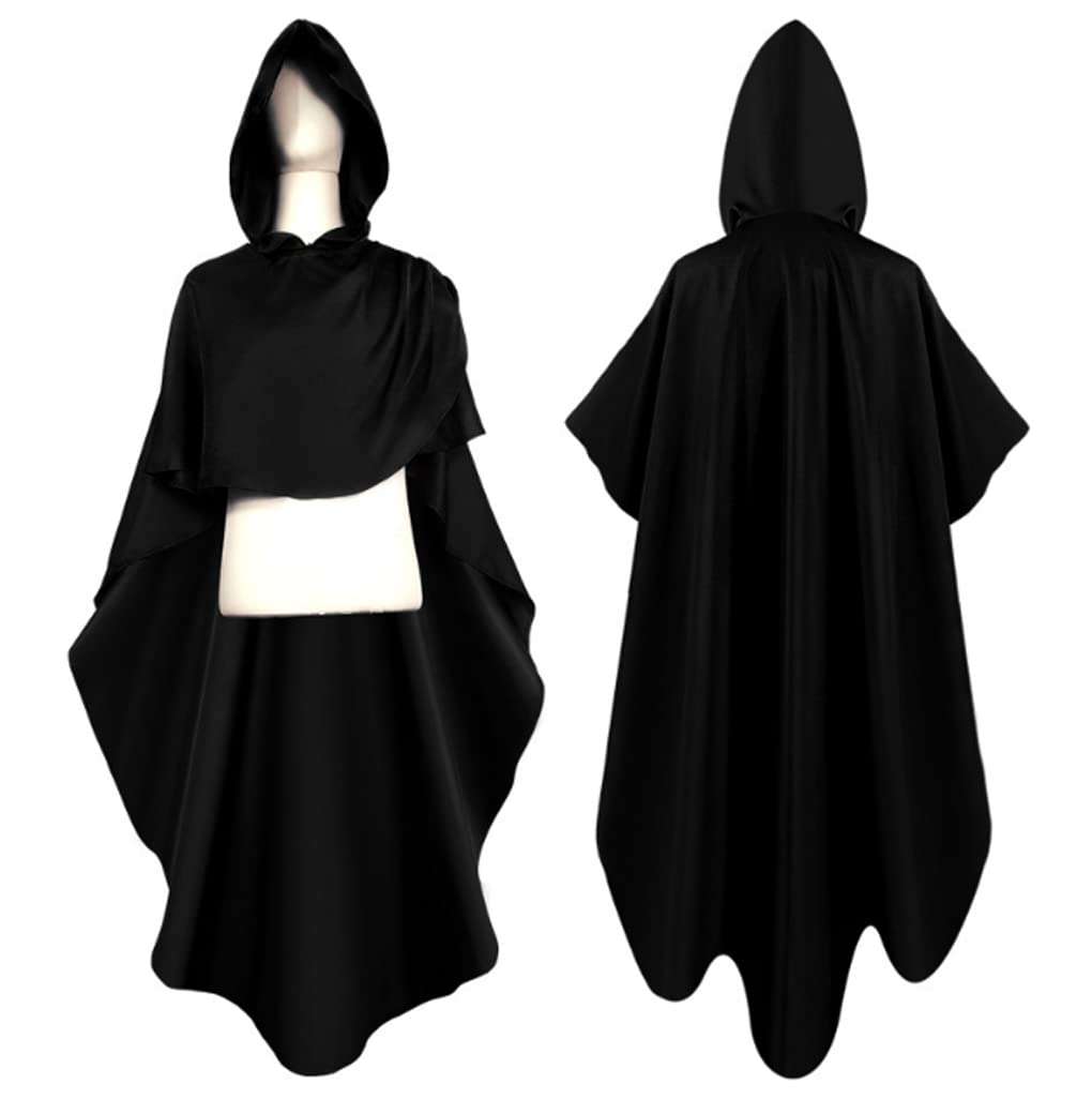 YJZQ Large Halloween Cape Robe Medieval European Men's Outfit Long Hooded Knight Cape Cloak Comic Cosplay Party Costume Fancy Dress for Adults, 2XL, Black