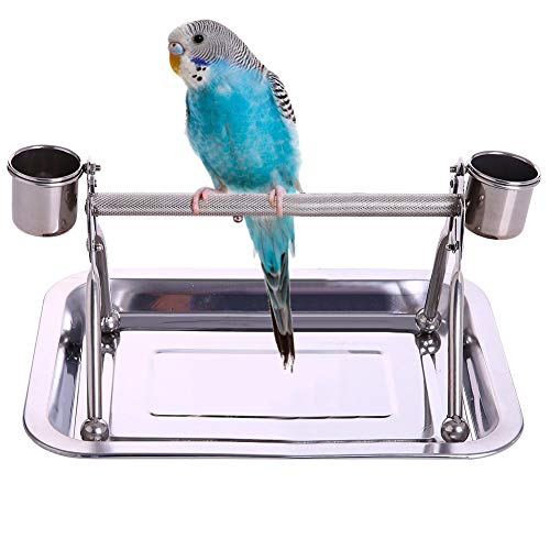 Bird Tabletop Perch Stand Stainless Steel Play Gym Playstand with Cups and Tray for Budgie Parakeet Cockatiel Conure (S)