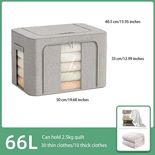 Ymlike 2 Pack Clothes Organizer Box Storage, Foldable Metal Frame Clothing Storing Bins with Double Visable Window, Large Capacity Cloth Container with Reinforced Handles, (66 L, Grey)