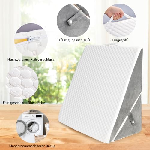 Adjustable Wedge Cushion, High Density Foam Reading Cushion for Bed and Sofa, Ergonomic Pillow, Bed Wedge for Reflux Sleep Apnea, Leg Cushion, Perfect Back Cushion when Playing, Reading (White & Grey)