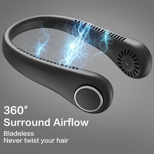 Portable Neck Fan, Hands Free Bladeless Fan, 360°Cooling Personal Fan with 3 Speeds Adjustment, Rechargeable Battery Powered USB Wearable Fan for Travel, Hiking, Outdoors (black)