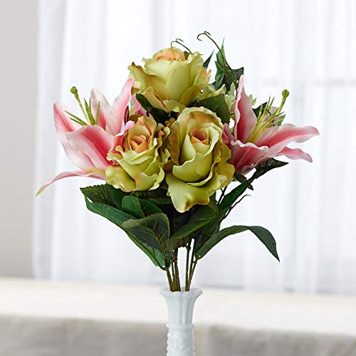 Poly Silk Cream, Pink and Spring Green Stephanotis, Rose and Lily Mixed Floral Bush | for Indoor Decor