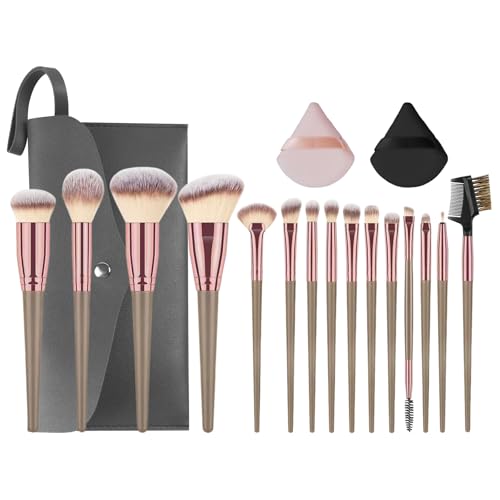 Vicloon Makeup Brush Set, 15 Pieces Professional Makeup Brush Set with 2 Powder Puffs, Premium Makeup Brushes Set for Foundation Concealer, Brown