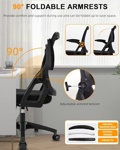 Durrafy Ergonomic Office Chair, Desk Chair with 90° Flip-up Armrests, Lumbar Support & Height Adjustable, Breathable Swivel Computer Chair with Tilt Function, Mid-Back Mesh Chair For Home/Office